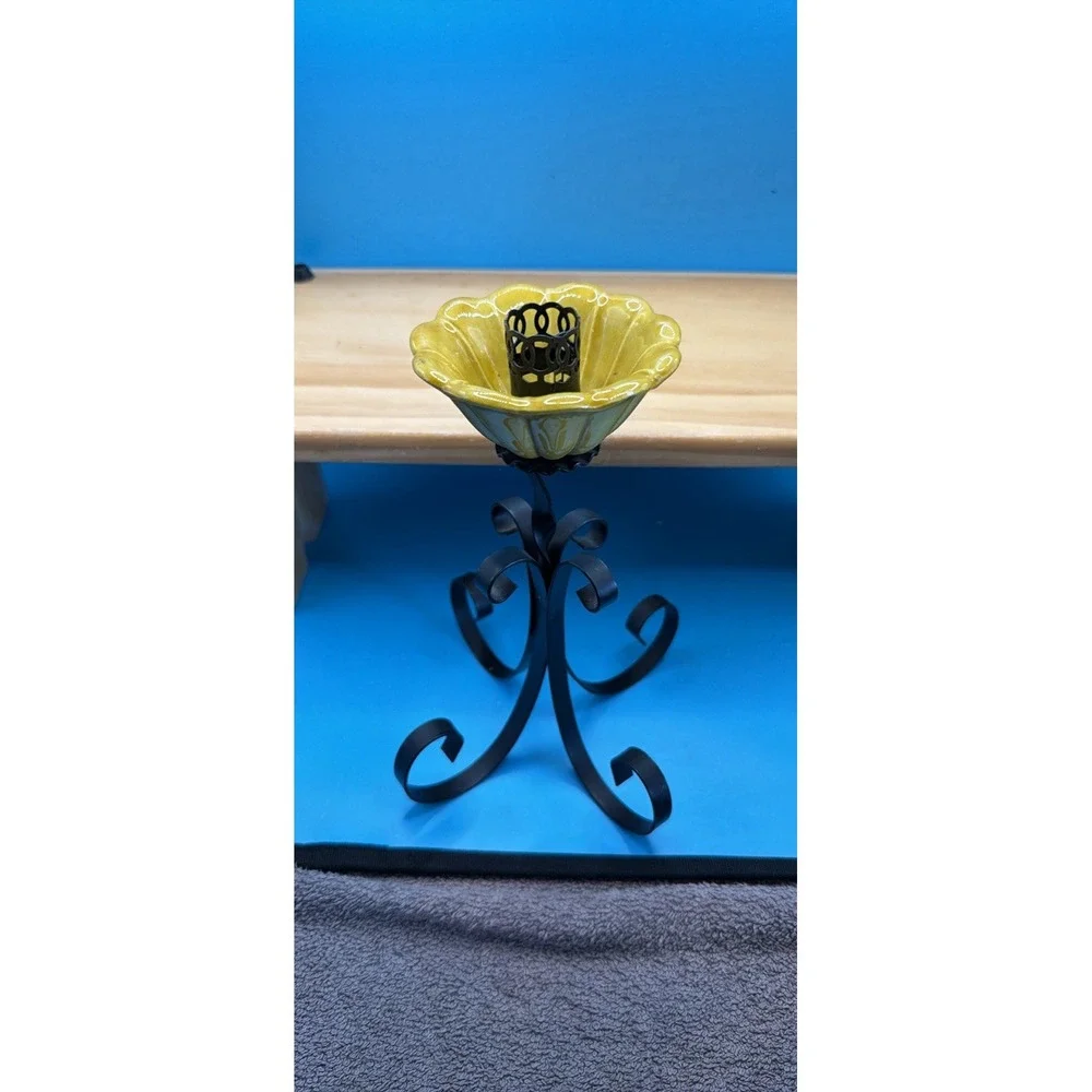 Metal Scroll Candle Holder Stand w/ Yellow Glass Bowl, Floral Vintage, Medium
